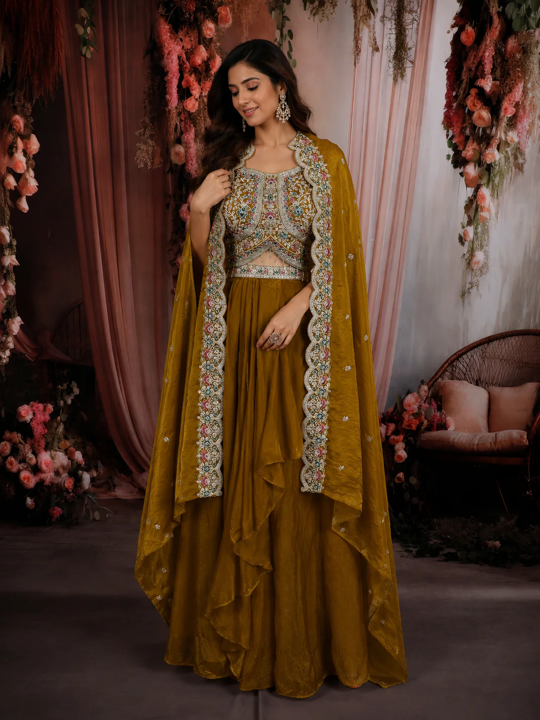 Mustard Gold Floral Zari Embroidered Design Organza Indo Western Skirt Top with Over Coat